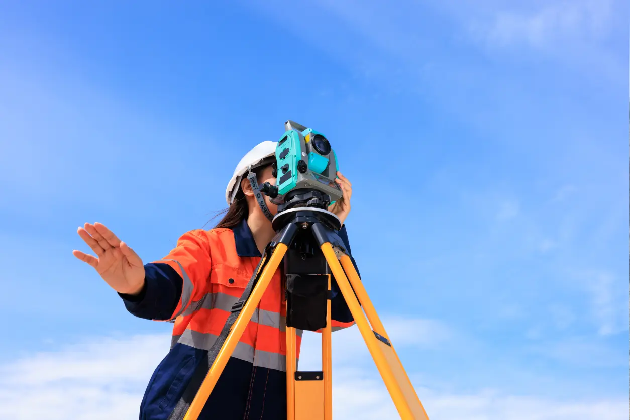 Surveyor using equipment under clear sky.