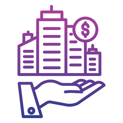 Hand holding cityscape with dollar sign.