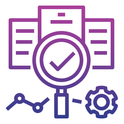 Magnifying glass, checkmark, and gear icon illustration.