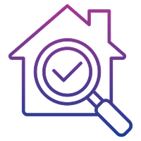 House with magnifying glass and checkmark icon.