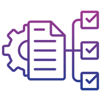 Document checklist with gear icon illustration.